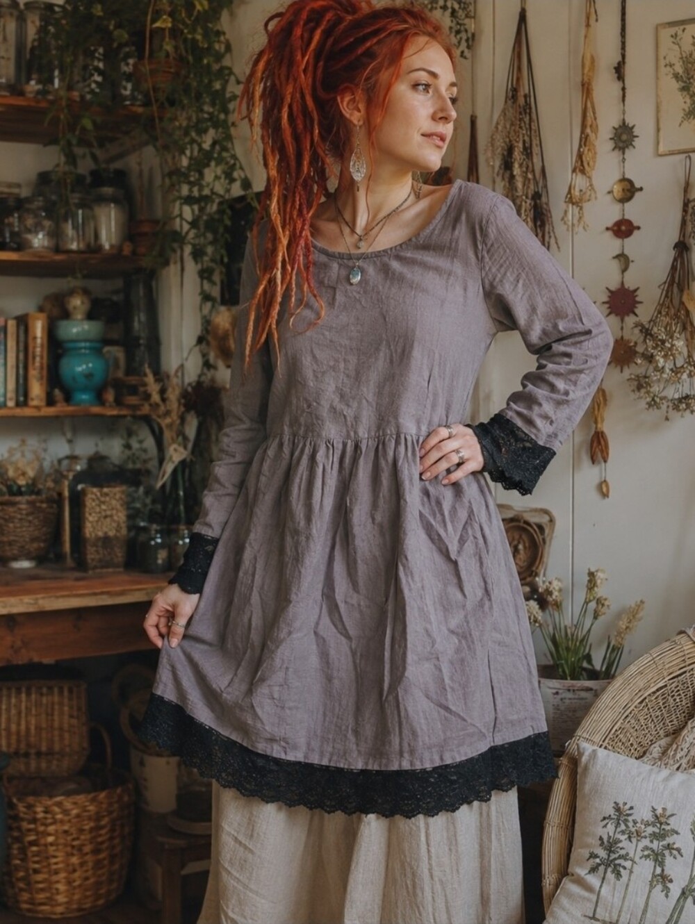 Dace Grinvalde Prairie Dress Taupe Black Lace Boho Cottagecore S/M